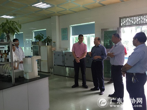 广东省水协秘书长林志光（左2）在东莞市茶山自来水公司化验室了解水质检测工作